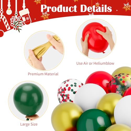 Red Green White Gold Balloons Set - 60 pcs Latex Christmas Party Decorations with Confetti