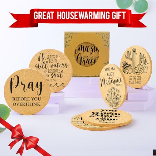 Inspirational Cork Coaster Set with Holder - 6 Round Absorbent Coasters