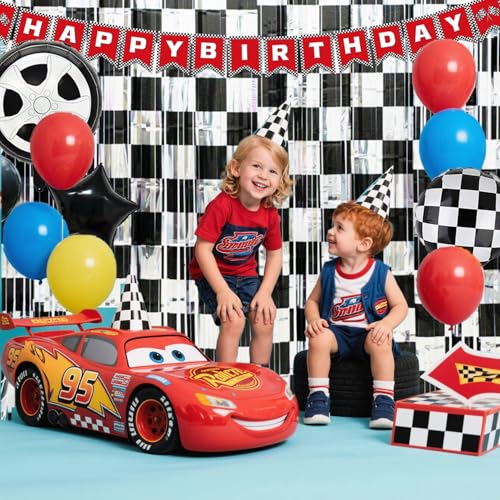 Black Silver Checker Streamer - 2 Pack Race Car Party Backdrop Curtains