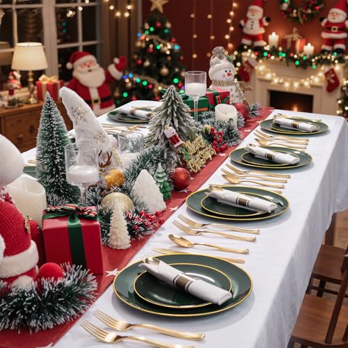 175PCS Green Plastic Plates with Gold Rim - Heavy Duty Disposable Party Dinnerware