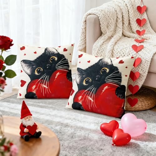 OTOSTAR Valentine's Day Decorative Pillow Covers Set of 2 - 18x18 Inch Red Heart Black Cat