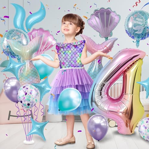 Mermaid Birthday Decorations 40 Inch Giant 4 Years Old Foil Balloons