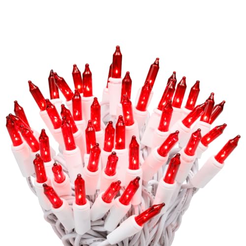 Red Incandescent Christmas Lights String - 100 Bulbs on White Wire, Indoor & Outdoor
