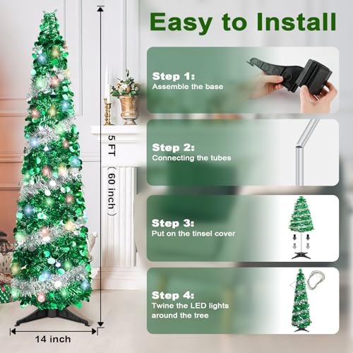5FT Collapsible Pop Up Christmas Tree with 90 LED Lights - Green Silver