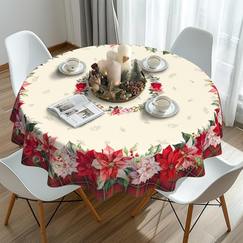 Waterproof Christmas Tablecloth - Red Holly & Tree Design, 60x60 Inch Round - Christmas Holiday Decor