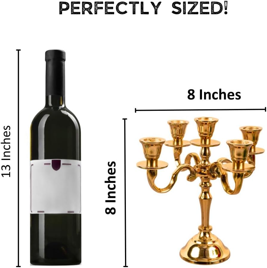 Rely+ 5 Arm Baby Candelabra - Gold Glossy Taper Candle Holders for Gothic Home Decor | 8 Inch Centerpiece