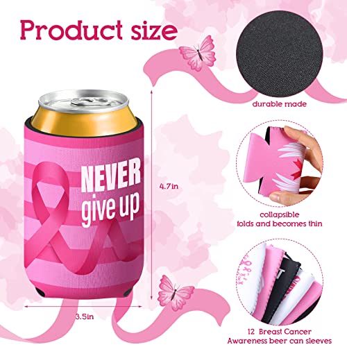12 Pack Breast Cancer Awareness Can Cooler Sleeves - Pink Ribbon Insulated Drink Holders