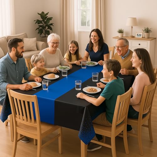Disposable Plastic Tablecloths 54x108 Black Blue Dots 8 Pack - Party Table Cover
