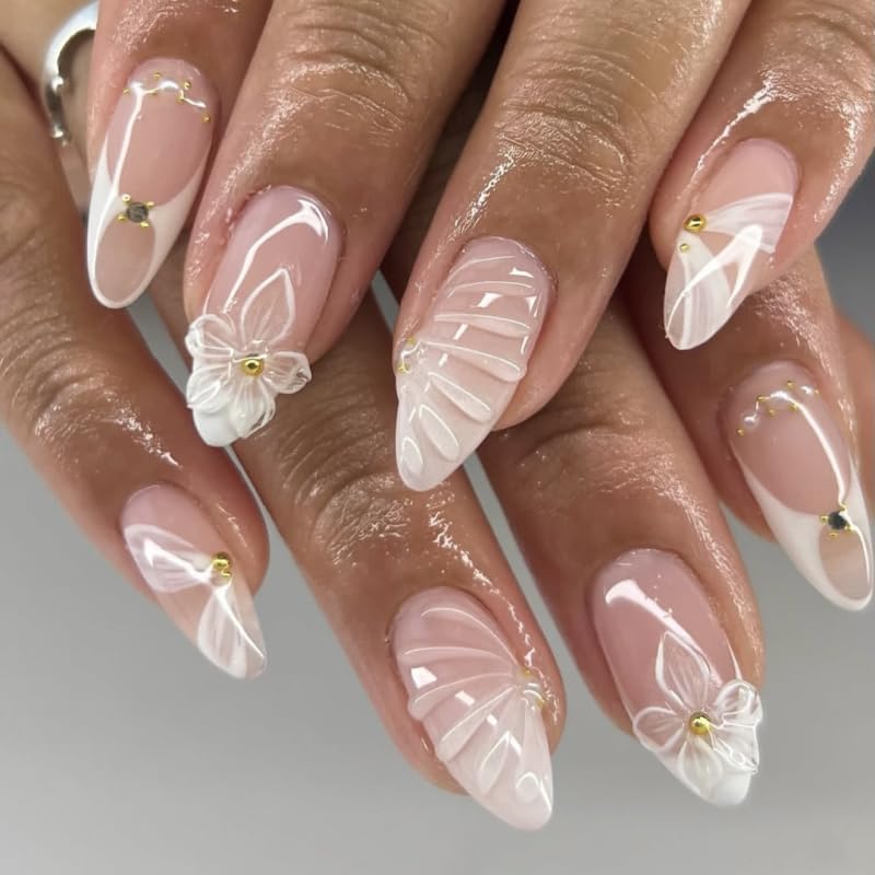 Medium Almond Press on Nails White French Fake Nails with Flower Design