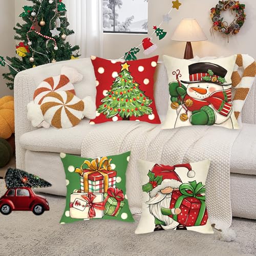 Christmas Pillow Covers Set of 4 - 18x18 Inch Santa & Snowman Decor