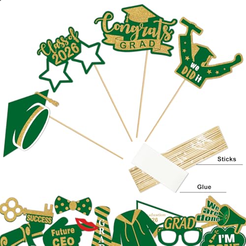 Avezano Class of 2026 Graduation Photo Booth Props - 21 Pcs Green and Gold Party Supplies