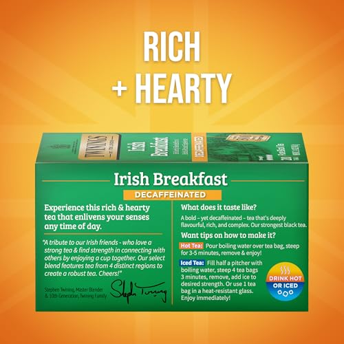 Twinings Decaffeinated Irish Breakfast Black Tea - 20 Count Pack of 6, Individually Wrapped Bags