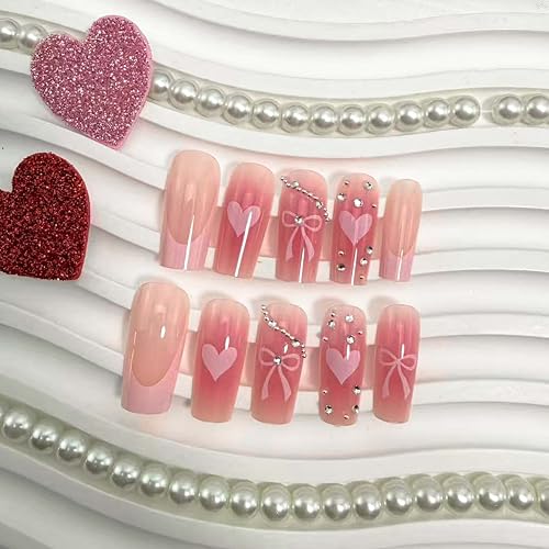 French Tip Press on Nails Medium Square with Heart Bow and Rhinestones