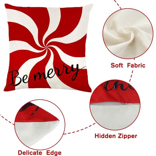 Vellibring Christmas Candy Pillow Covers, 18x18 Set of 4 Red & White Linen