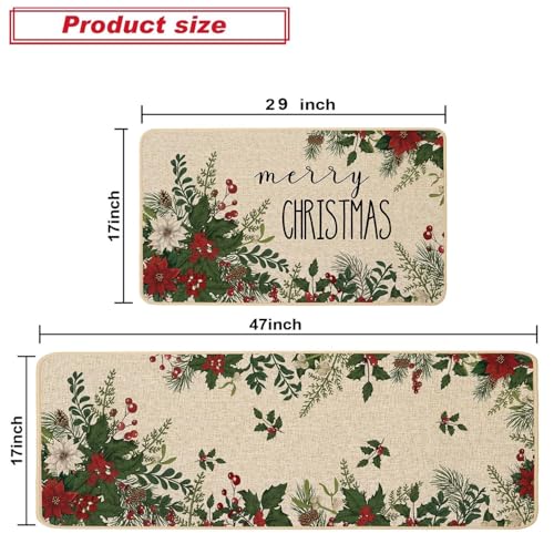 Christmas Kitchen Rugs Set of 2 - Holly Berry Poinsettia Burlap Mats, 17x29 & 17x47 Inches