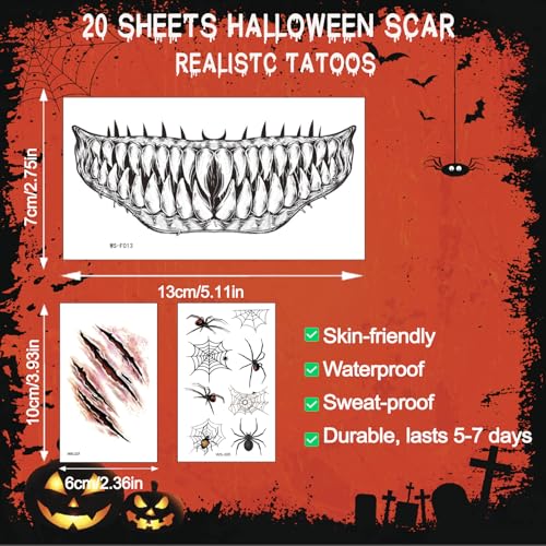 EIKEJI Realistic Halloween Temporary Tattoos - Clown Mouth, Zombie Scars & Spiders