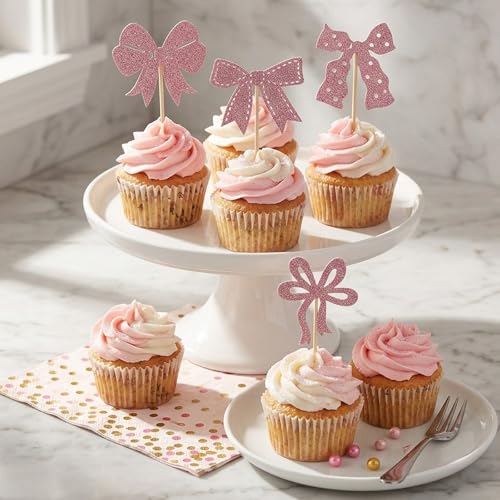 24 PCS Pink Bow Cupcake Toppers - Elegant Coquette Cake Decorations
