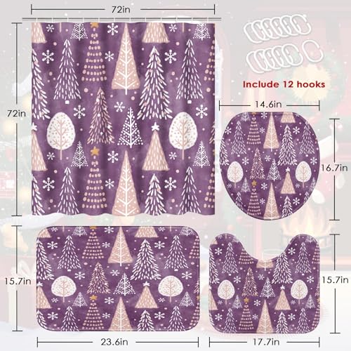 Bathroom Set with Shower Curtain and Rugs - Christmas Tree Snowflakes Purple