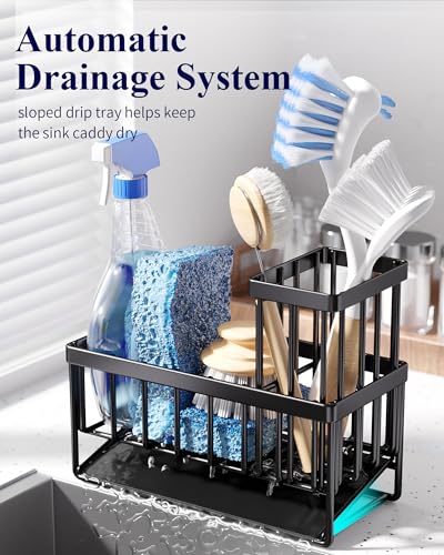 Kitsure Stainless Steel Kitchen Sink Caddy with Drip Tray, Black, 7.9-inch
