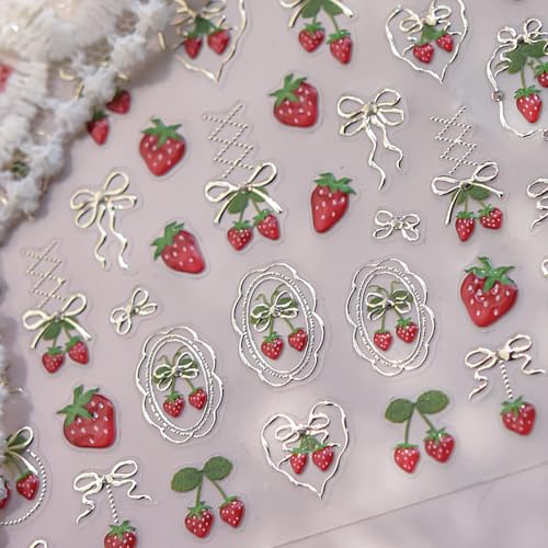 5D Strawberry Nail Art Stickers Self-Adhesive Bow Heart Decals