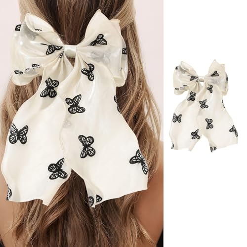 Papasgix Big Silk Hair Bow Clip with Long Ribbon - White Butterfly