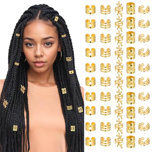 Tyqour 50Pcs Gold Hair Jewelry for Braids & Dreadlock Cuffs