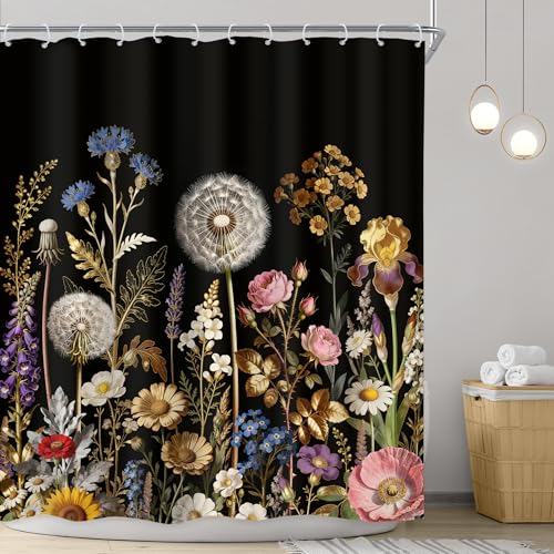 Riyidecor Black and Gold Floral Shower Curtain, 72" x 72" Boho Bathroom Set