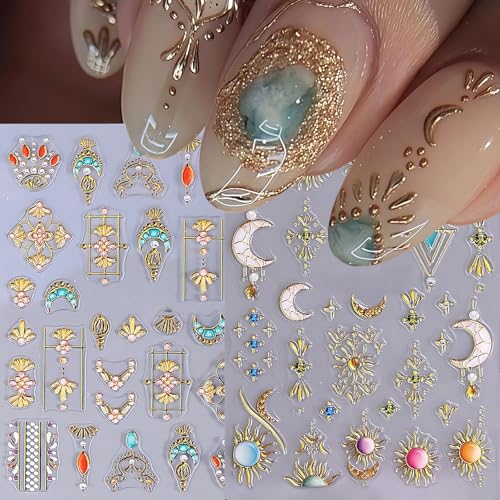CnSybaris 5D Bohemian Nail Stickers - Metallic Gold Sun, Moon & Star Decals (2 Sheets)