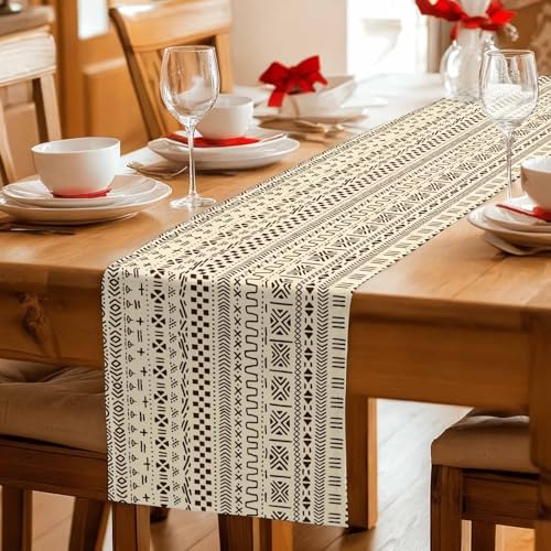 13x120 Inch Burlap Linen Table Runner with Geometric Ethnic Design - Farmhouse Decor for Dining & Parties