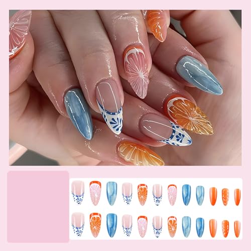 Posyofet 24Pcs Summer French Tip Almond Press On Nails with Fruit Design