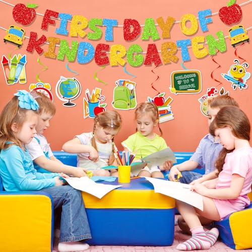 First Day of Kindergarten Decorations Set - 11PCS Glitter Banners & Swirls