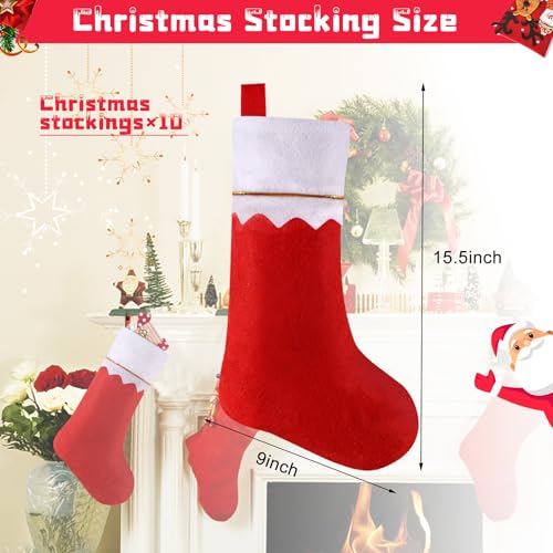 Christmas Stockings Hanging Set - Red Holiday Decor Bags, 10 Pack