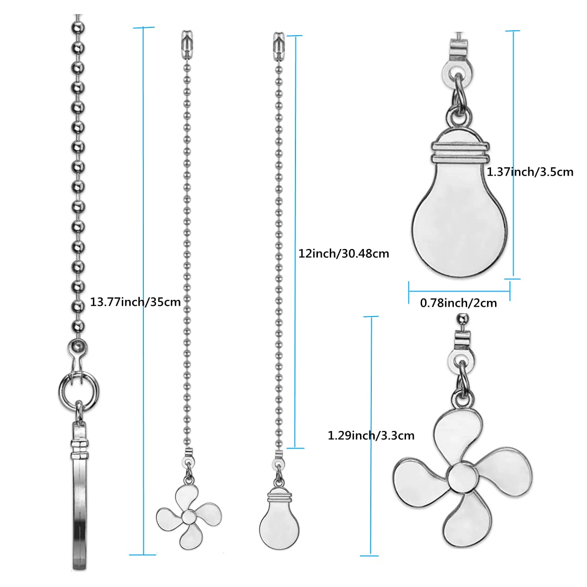 ZE-268S6- Ceiling Fan Pull Chain Set, 12 Inch Nickel, 4 Pieces Fan and Light Design Extension, for Ceiling Fan and Lighting