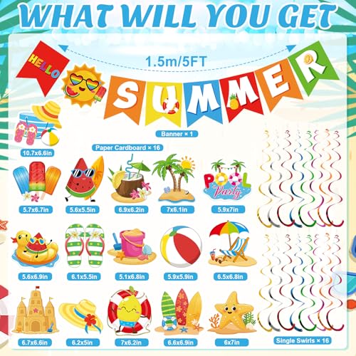 Summer Party Decorations Set - Summer.rich Tropical Banner & Hanging Swirls