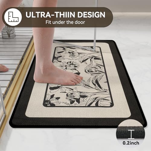 YDKGL Black Flower Bathroom Bath Mat Non Slip 16x24 Inches - Thin & Quick Dry