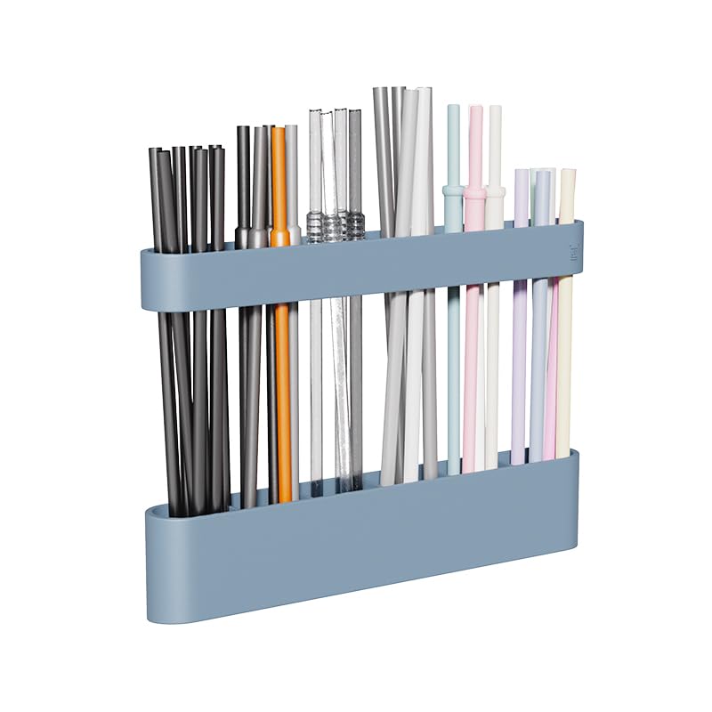 Blue Silicone Straw Holder with 6 Slots for Cabinets & Fridges