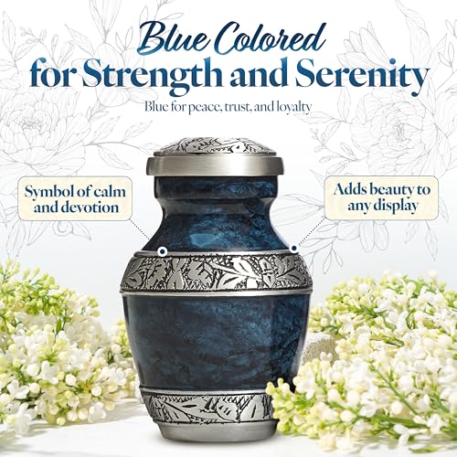 Elegant Mini Keepsake Urn for Ashes - Hand Engraved Blue Aluminum