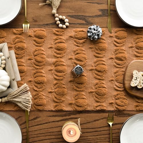 Caramel Faux Fur Pumpkin Fall Table Runner 13x48 Inch - Autumn Decor