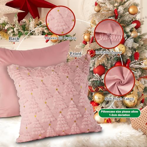 Christmas 12x12 Throw Pillow Covers Set of 2 Pink Winter Star & Tree Plush Faux Fur