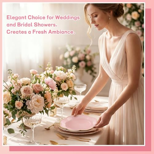60 Pcs Pink Paper Plates - 7 Inch Gradient with Gold Edge