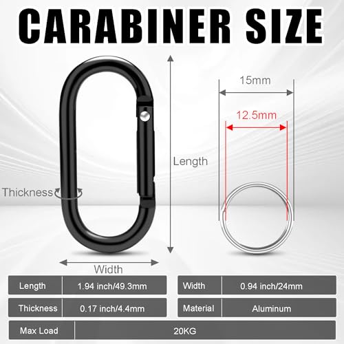 12Sets 2 Inch Large Carabiner Clips, Aluminum Spring Oval Keyrings with Flat O-Rings for Hanging Keychain Dog Tags Backpack Accessories (Black)