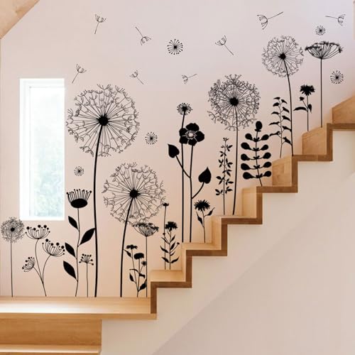 Black Dandelion Wall Decals - Large Floral Vinyl Stickers for Home