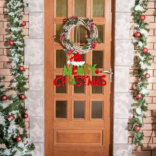 Christmas Front Door Sign Merry Christmas Wood Hanging Decor Red Green Holiday Wall Sign