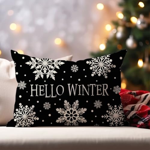 Hello Winter Snowflake Christmas Lumbar Pillow Cover, 12x20 Black Farmhouse