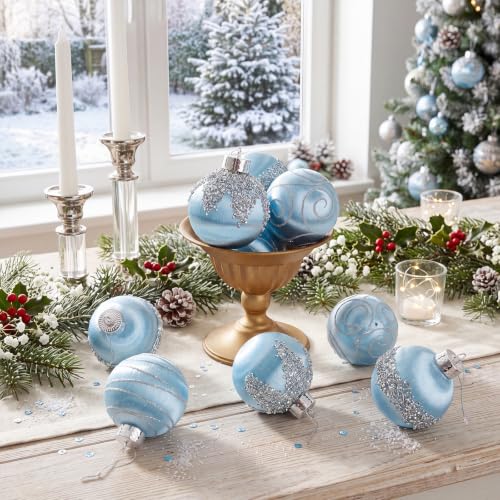 Light Blue Satin Christmas Balls Set - 9 Pcs 3.15 Inch Holiday Ornaments