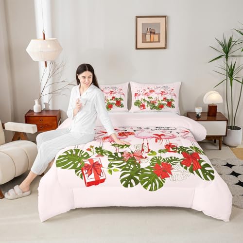 King Comforter Set Pink Flamingo Cartoon Bird All Season Bedding with Microfiber Polyester