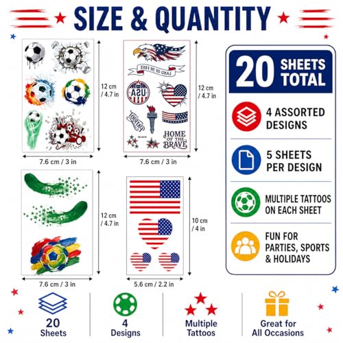 World Cup 2026 & 4th of July Temporary Tattoos - 115PCS Waterproof Soccer & USA Patriotic Fake Body Art