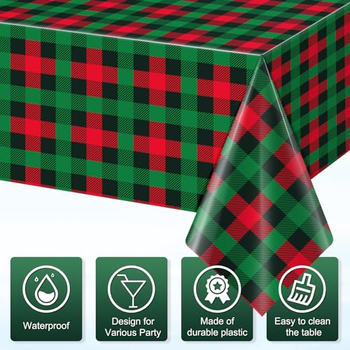 Christmas Plastic Plaid Tablecloth Set - Red & Green Buffalo Check, 54x108 Inches, 6 Pack