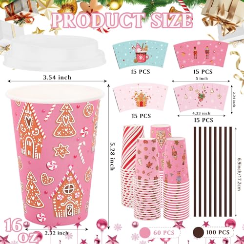 Pink Christmas Paper Cups with Lids & Sleeves - 16oz Holiday Party Drinkware