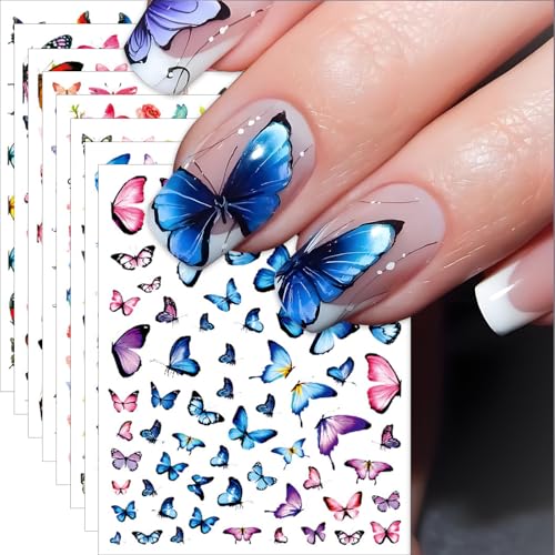 8Pcs Butterfly Nail Art Stickers 3D Self-Adhesive Colorful Decals